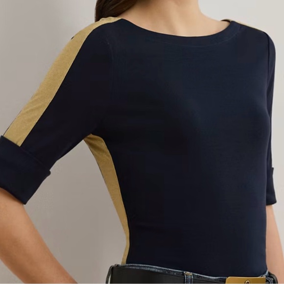 Ralph Lauren Women’s Two-Tone Stretch Cotton Elbow-Sleeve Tee Navy Blue Gold NWT - Picture 12 of 15